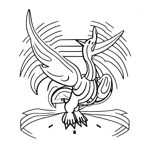 A Minimalist Tattoo Of A Concert Hall With A Lugia Pokemon Flying Above It