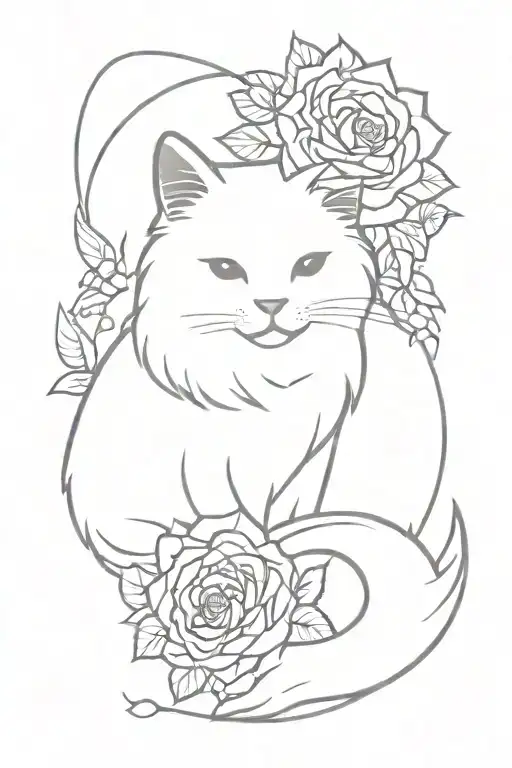 White Fluffy Cat With Roses