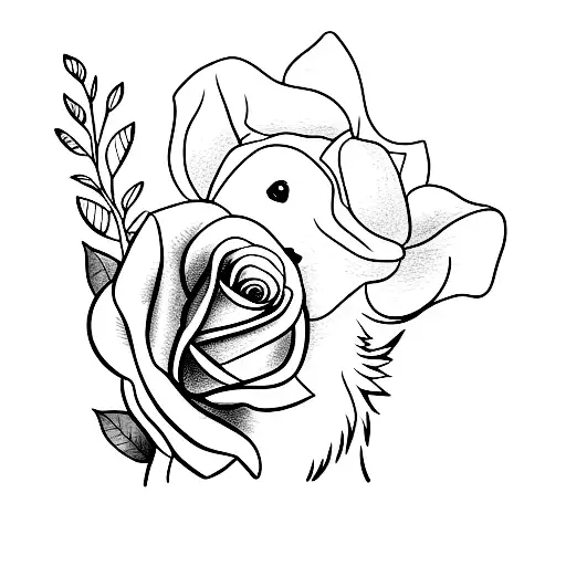 A Drawing Of A Baby Golden Retriever Playing With A White Rose