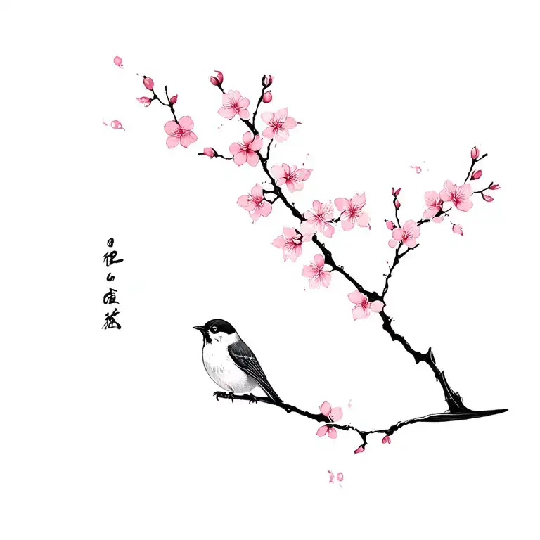 Cherry Blossom Japanese With Sparrow