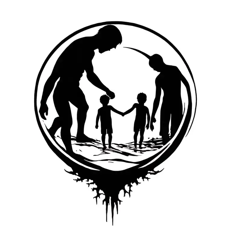 Full Circle Surrounding Three Children And A Father Silhouette