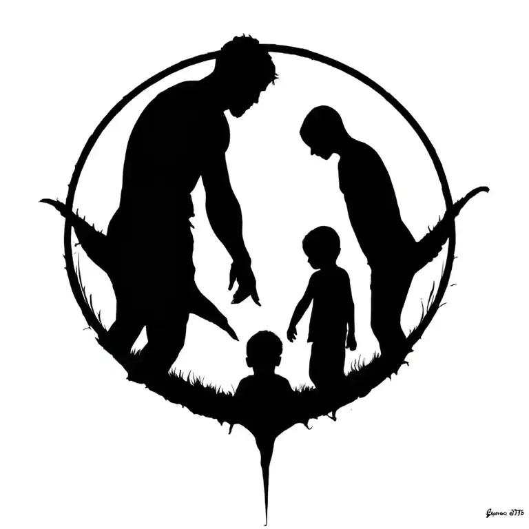 Full Circle Surrounding Three Children And A Father Silhouette