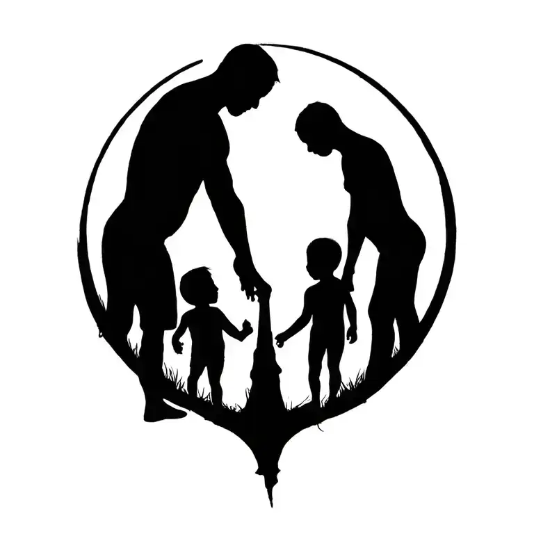 Full Circle Surrounding Three Children And A Father Silhouette