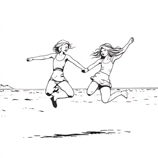 Two Girls Jumping In The Air At The Beach