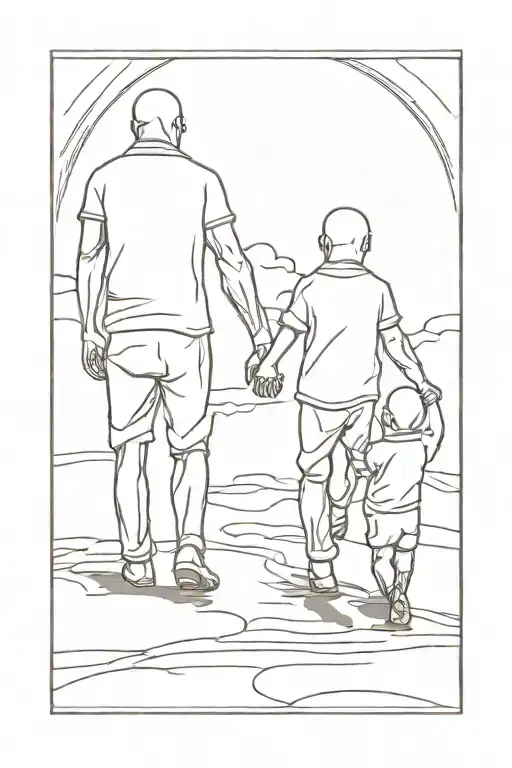 A Bald Muscular Father With His Two Boys Holding Hands And Walk Thru De Sunshine