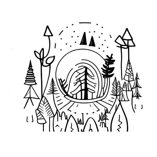 A Minimalist Tattoo Of A Coffee Cup Surrounded By A Forest Of Trees