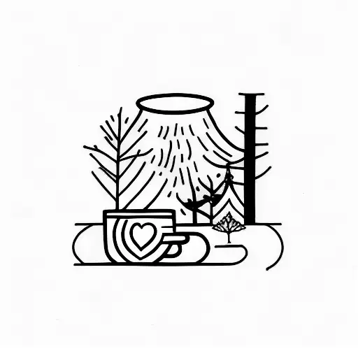 A Minimalist Tattoo Of A Coffee Cup Surrounded By A Forest Of Trees