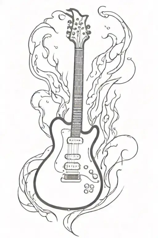 A Very Simple Electric Guitar With A Flame Around It In Black And White
