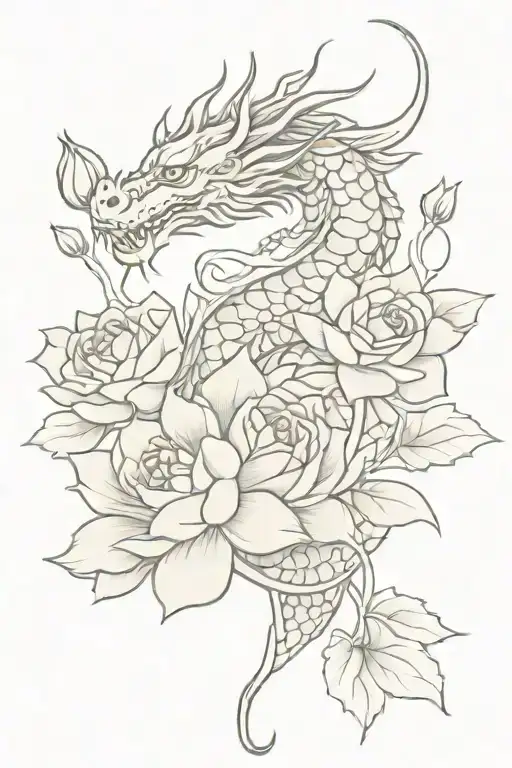 Japanese Dragon With Roses And Lotus Flower