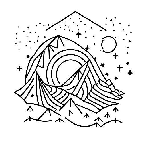 A Minimalist Tattoo Of A Mountain Landscape With Stars Shining Above