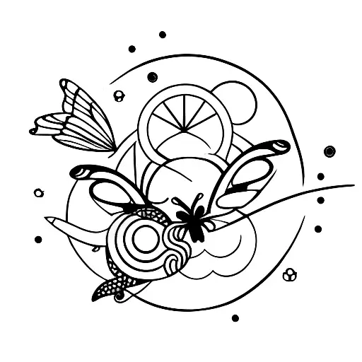 A Minimalist Tattoo Of A Sunrise Over A Serene Nature Scene With Butterflies Flying Around