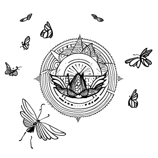 A Minimalist Tattoo Of A Sunrise Over A Serene Nature Scene With Butterflies Flying Around
