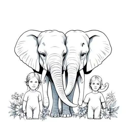 Heads Of Adult Elphant Pair With Children Between Them With Flowers In Their Trunk