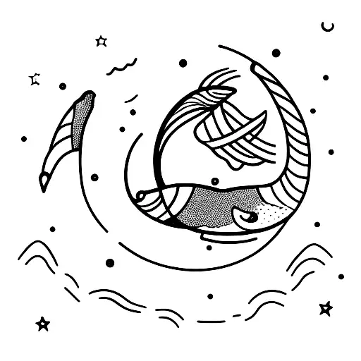 A Minimalist Whale Swimming Under A Crescent Moon