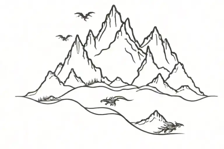 Mountains With 4 Little Dragons Flying Above Them