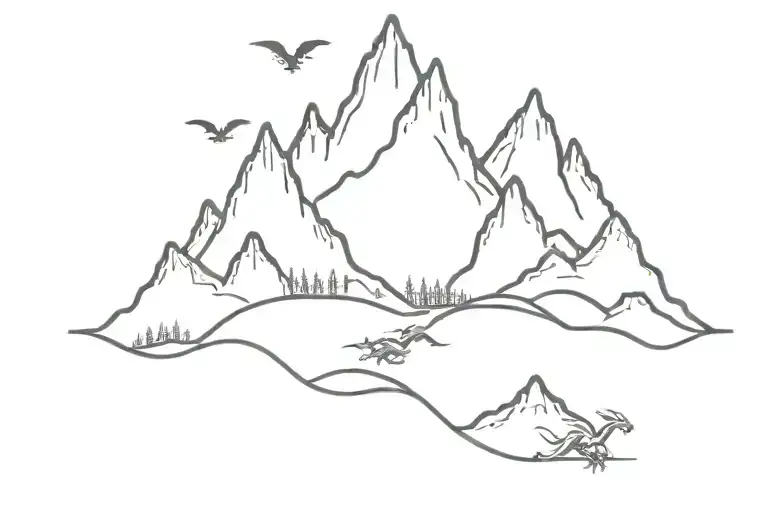 Mountains With 4 Little Dragons Flying Above Them