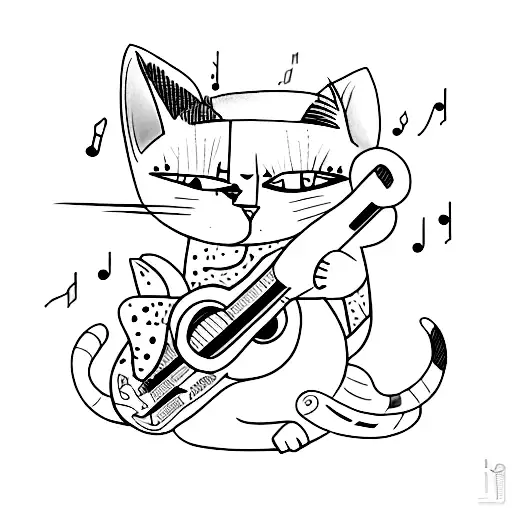 A Tattoo Of A Cat Playing A Musical Instrument In A Sketch Style