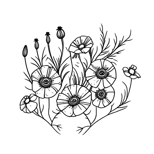 Small Flower Tattoo With Poppy And Daisy With A Butterfly