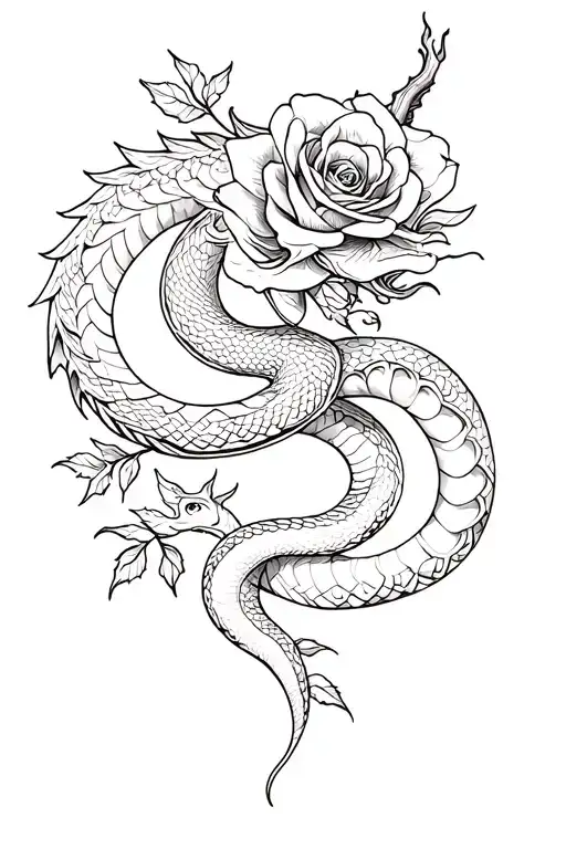 Fusion Of Dragon And Snake With Rose