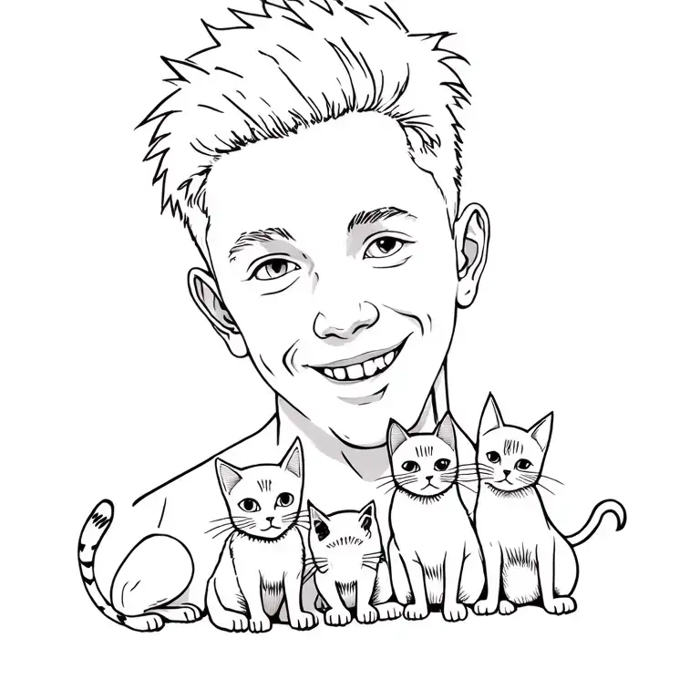 Happy Punk Rock Young Man With Gang Of Cats