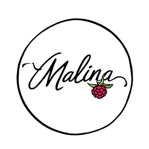 A Circle With The Word Malina Integrated In Cursive Script And A Raspberry Next To It