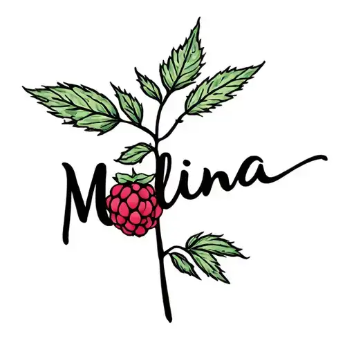 A Fine Line With The Word Malina Integrated In Cursive Script And A Raspberry