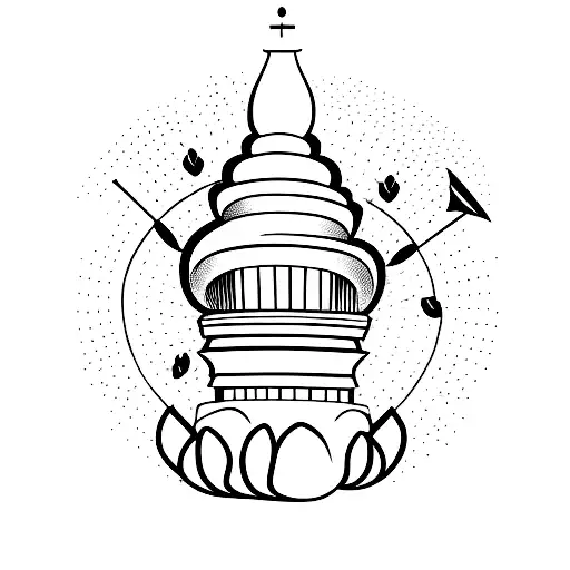 A Minimalist Tattoo Of A Pagode Drum With The Silhouette Of A Cityscape In The Background