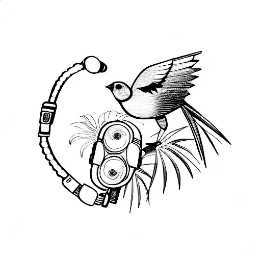 A Sketch Style Tattoo Of A Bird With Headphones On A Tropical Beach