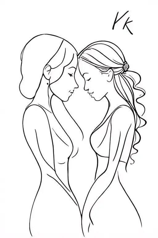 Mother Daughter Silhouette Line Drawing About 2 Inches In Size With Initial K