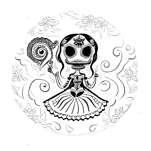 A Blackwork Tattoo Of A La Catrina Sitting On A Giant Book