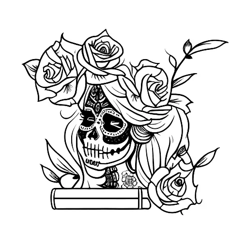 A Blackwork Tattoo Of A La Catrina Sitting On A Giant Book