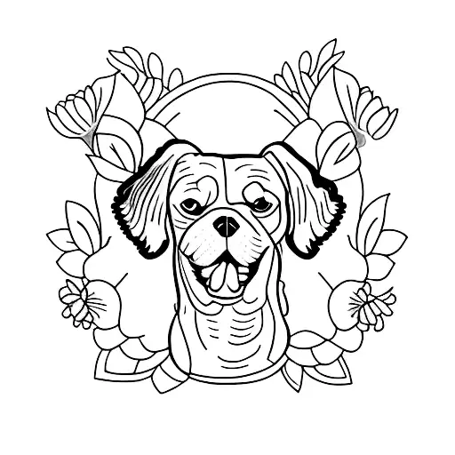 A Minimalist Tattoo Of A Dog Surrounded By Flowers