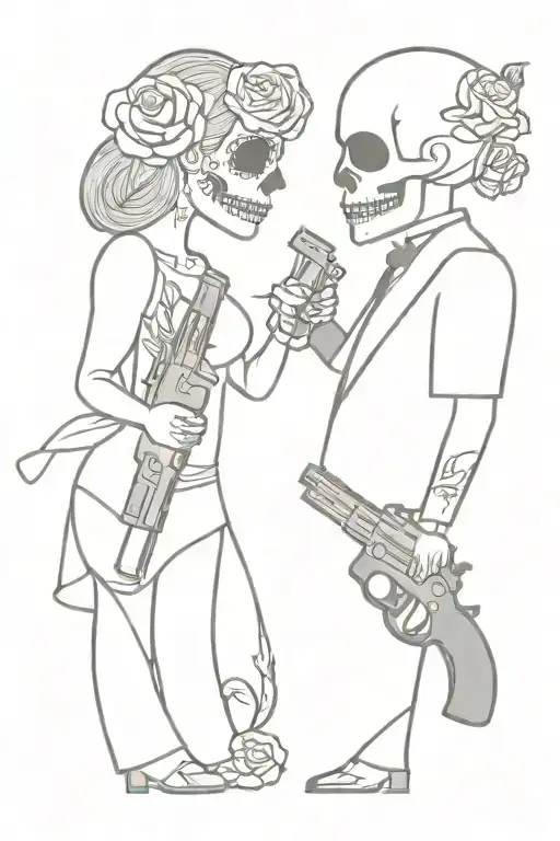 His And Her Sugar Skull Holding Flowers And Gun Looking At Each Other