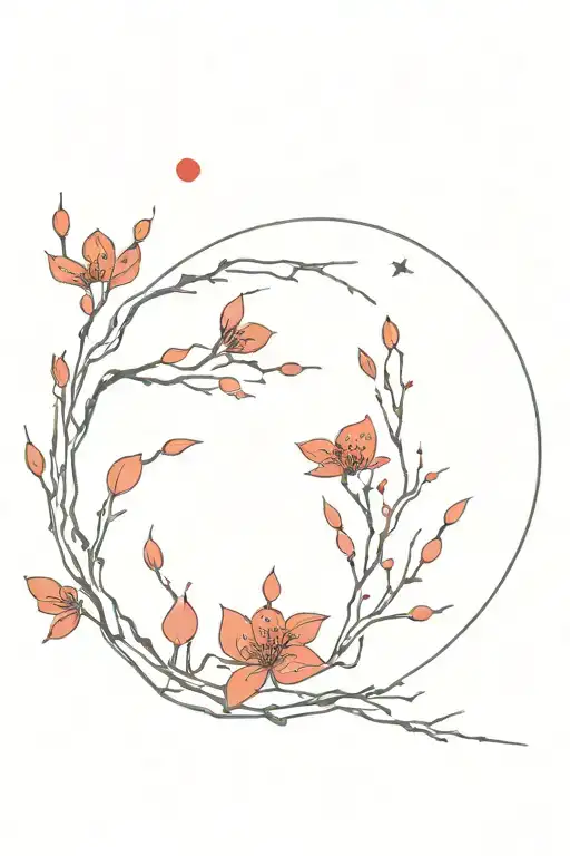 Flowers And Red Branches And The Moon