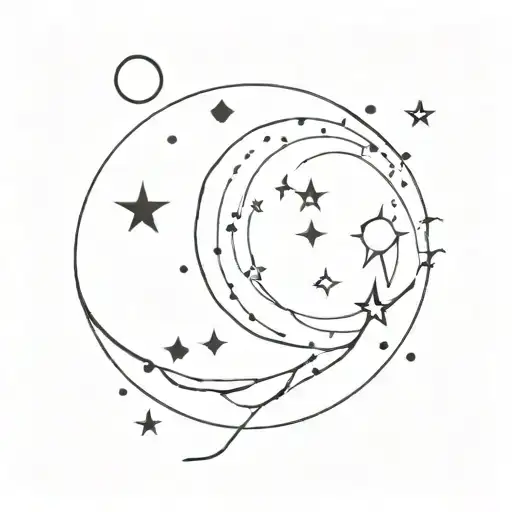 A Minimalist Tattoo Of A Crescent Moon Surrounded By Constellations