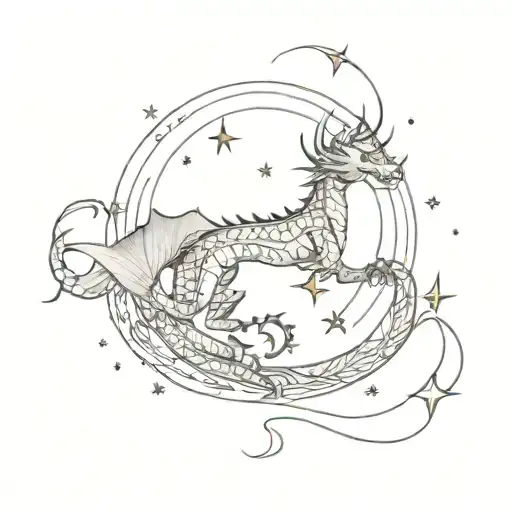 Micro-realistic Tattoo Of A Dragon Entwined Around A Full Moon Surrounded By Stars With A Compass