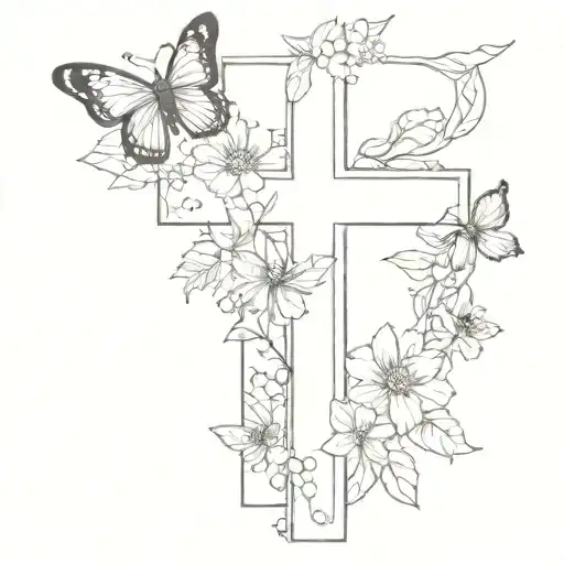 A Christian Cross With Hollys And Cosmos And Butterflies