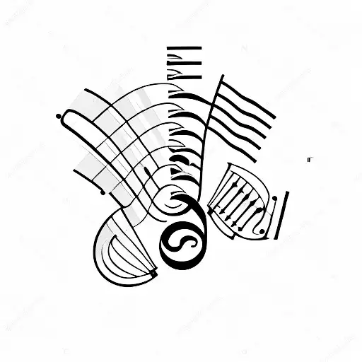 A Minimalist Design Of A Harp Guitar And Piano Keys Forming A Rainbow Shape