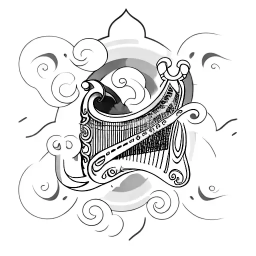 A Stylized Harp Guitar With A Vibrant Rainbow-colored Soundhole In The Shape Of A Rose