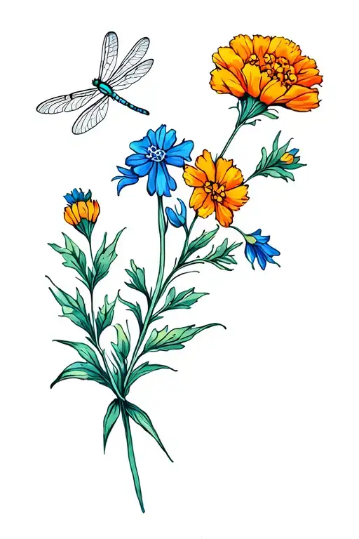 Larkspur And Marigold Flower With Dragonfly Flying
