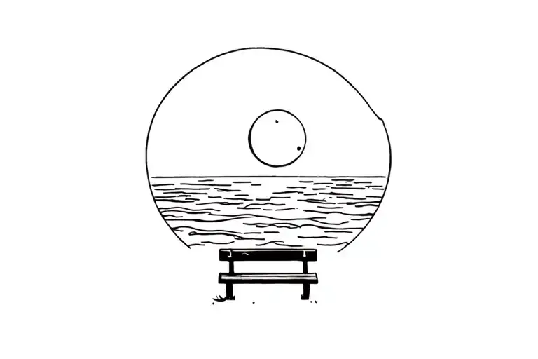 Ocean With Small Moon And Short Bench