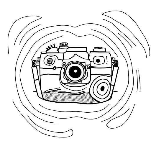 A Simple Outline Of A Camera With A Mini Australian Shepherd Sitting On Top