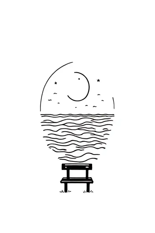 Minimal Ocean With Small Moon And Short Bench