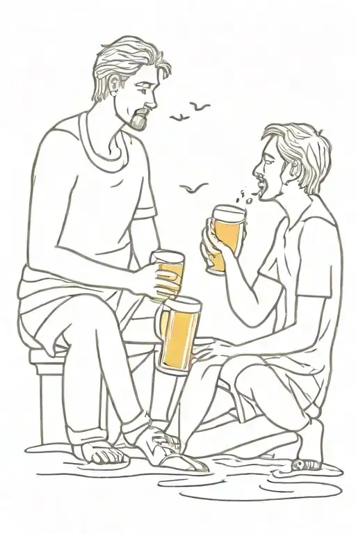 A Sketch Tattoo Of Two People Drinking Beer Together On The Beach