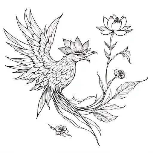 Phoenix And Lotus And Coquelicot Flower Intertwined