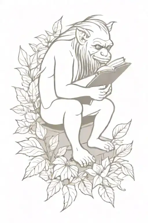 A Minimalist Design Of A Troll Hiding Among Plants With A Book In Hand