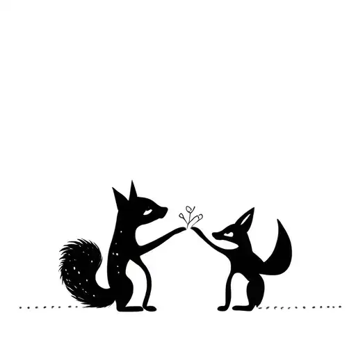 Linear Silhouettes Of A Squirrel And A Fox Holding Hands