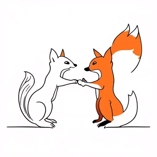Linear Silhouettes Of A Squirrel And A Fox Holding Hands