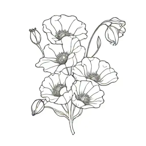 Poppy And Violet Flower Bouquet Fine Line