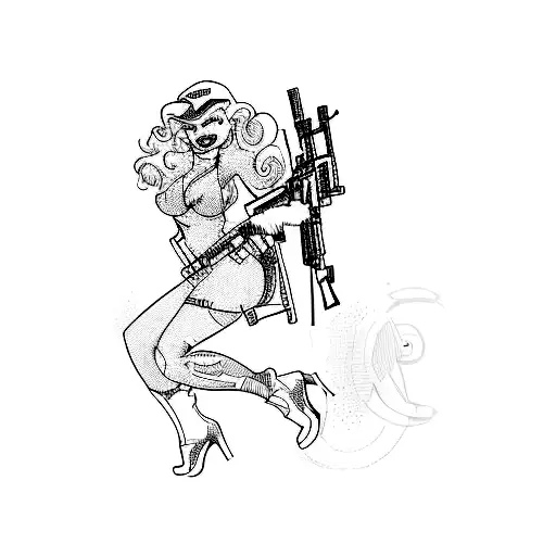 A Pinup Woman In Military Uniform With Modern Assault Rifle